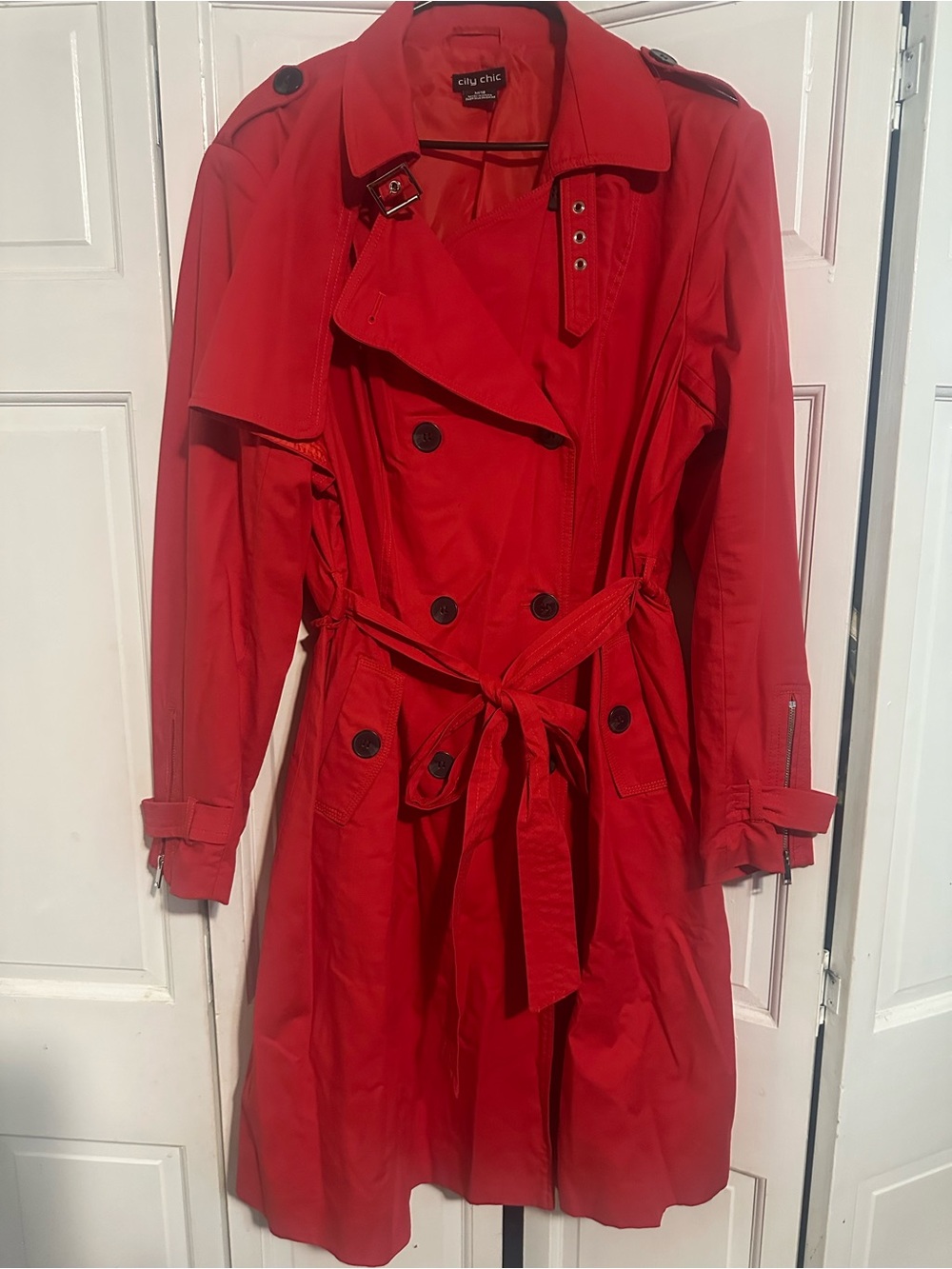 City Chic Red Double-Breasted Trench Coat with Belt, zipper cuff detailed,